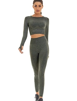 Toplook Women Seamless Workout Outfits Athletic Set Leggings + Long Sleeve Top