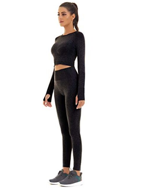 Toplook Women Seamless Workout Outfits Athletic Set Leggings + Long Sleeve Top