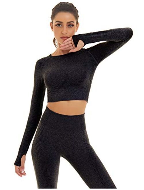 Toplook Women Seamless Workout Outfits Athletic Set Leggings + Long Sleeve Top