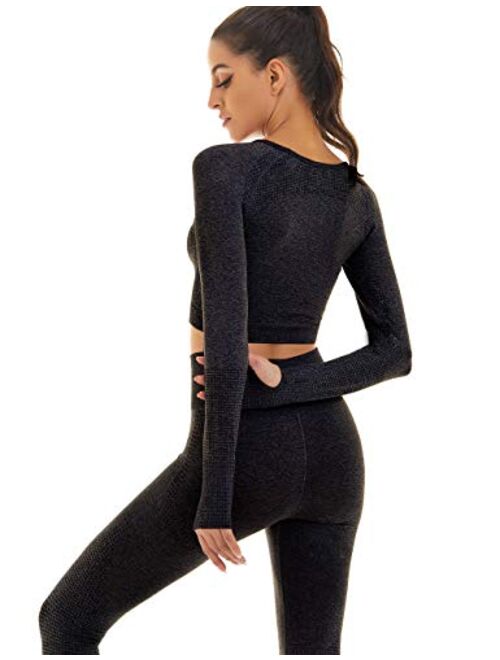 Toplook Women Seamless Workout Outfits Athletic Set Leggings + Long Sleeve Top