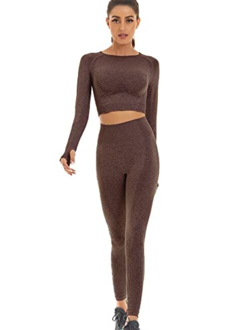 Toplook Women Seamless Workout Outfits Athletic Set Leggings + Long Sleeve Top