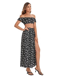 Women's Two Piece Outfit Floral Crop Top and Split Long Skirt Set