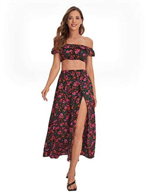 Floerns Women's Two Piece Outfit Floral Crop Top and Split Long Skirt Set