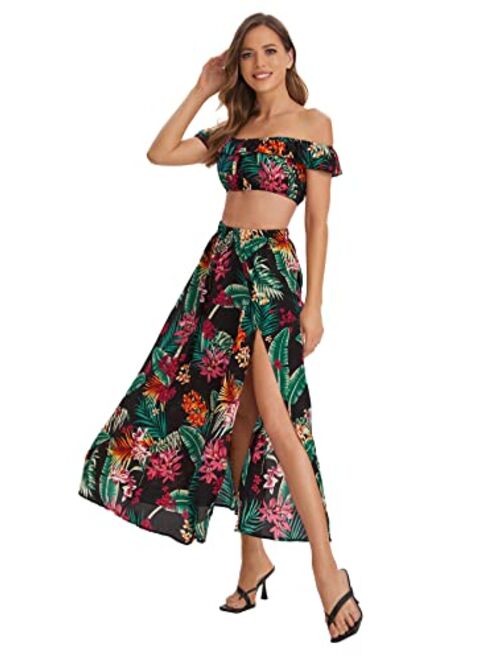 Floerns Women's Two Piece Outfit Floral Crop Top and Split Long Skirt Set