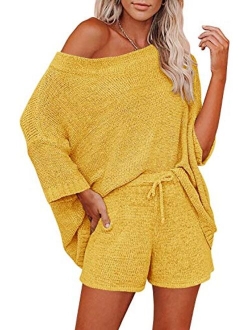 Ermonn Womens 2 Piece Outfits Sweater Sets Off Shoulder Knit Tops Waist Short Suits Casual Pajama Set