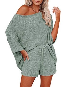 Ermonn Womens 2 Piece Outfits Sweater Sets Off Shoulder Knit Tops Waist Short Suits Casual Pajama Set