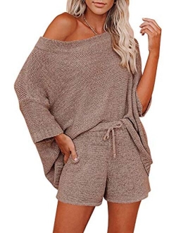 Ermonn Womens 2 Piece Outfits Sweater Sets Off Shoulder Knit Tops Waist Short Suits Casual Pajama Set