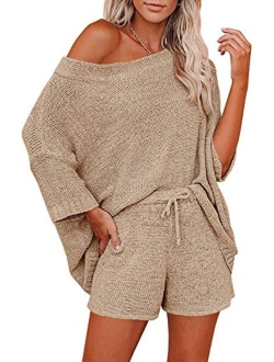 Ermonn Womens 2 Piece Outfits Sweater Sets Off Shoulder Knit Tops Waist Short Suits Casual Pajama Set