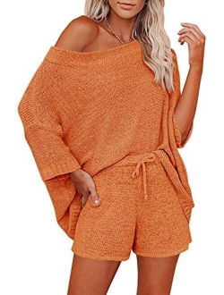 Ermonn Womens 2 Piece Outfits Sweater Sets Off Shoulder Knit Tops Waist Short Suits Casual Pajama Set