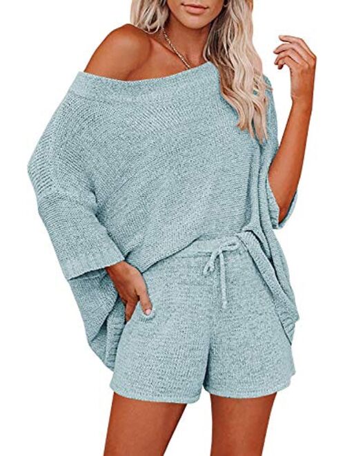 Ermonn Womens 2 Piece Outfits Sweater Sets Off Shoulder Knit Tops Waist Short Suits Casual Pajama Set