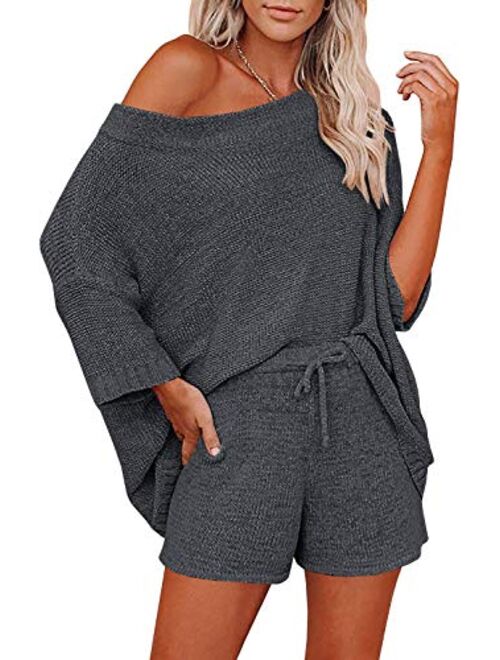 Ermonn Womens 2 Piece Outfits Sweater Sets Off Shoulder Knit Tops Waist Short Suits Casual Pajama Set