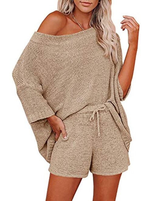 Ermonn Womens 2 Piece Outfits Sweater Sets Off Shoulder Knit Tops Waist Short Suits Casual Pajama Set