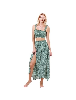 YODNBUK Women's Floral Summer Dresses Two Piece Outfit Shirred Crop top and Skirt Set Boho Slit Maxi Beach Dress