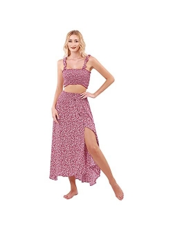 YODNBUK Women's Floral Summer Dresses Two Piece Outfit Shirred Crop top and Skirt Set Boho Slit Maxi Beach Dress