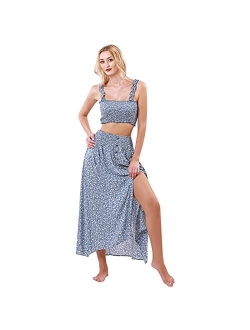 YODNBUK Women's Floral Summer Dresses Two Piece Outfit Shirred Crop top and Skirt Set Boho Slit Maxi Beach Dress