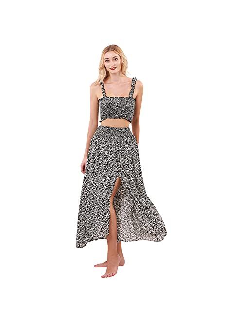 YODNBUK Women's Floral Summer Dresses Two Piece Outfit Shirred Crop top and Skirt Set Boho Slit Maxi Beach Dress