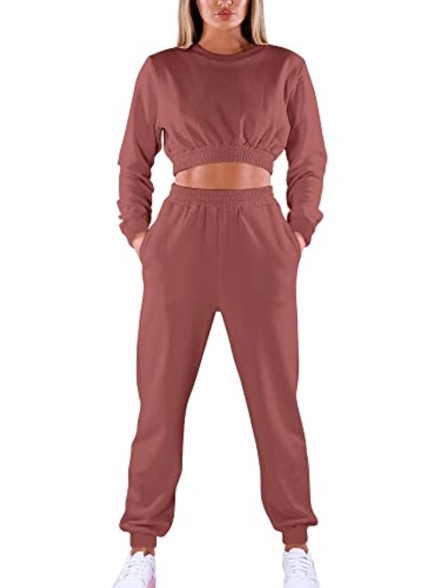 Mokoru Women's Workout 2 Piece Outfits Tracksuit Long Sleeve Crop Tops Joggers Pants Sets Sweatsuits