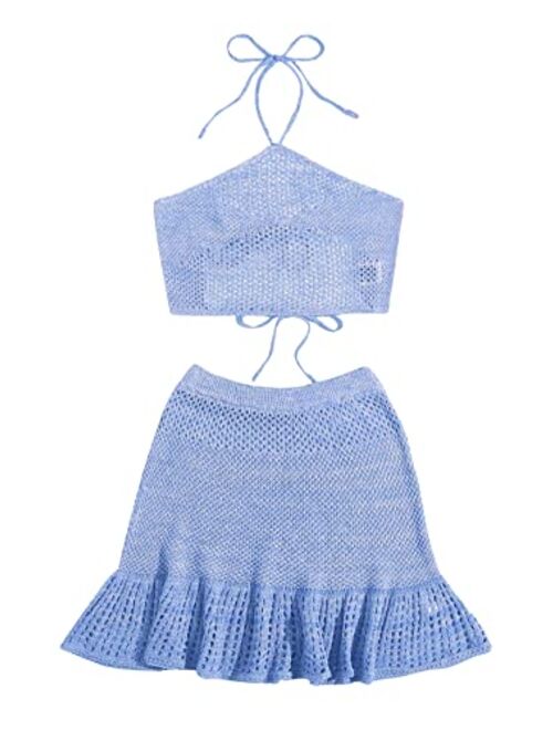 SOLY HUX Women's Halter Top and Ruffle Hem Skirt Set 2 Piece Swimsuit Bikini Cover Up