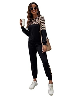 Women's 2 Piece Outfits Leopard Long Sleeve Sweatshirt and Pants Set