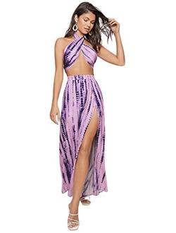 Women's 2 Piece Boho Twist Front Top and High Split Maxi Skirt Set