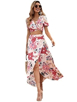 Women's 2 Piece Boho Twist Front Top and High Split Maxi Skirt Set