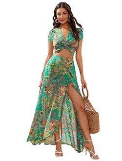 Women's 2 Piece Boho Twist Front Top and High Split Maxi Skirt Set