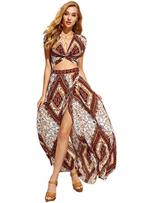 Floerns Women's 2 Piece Boho Twist Front Top and High Split Maxi Skirt Set