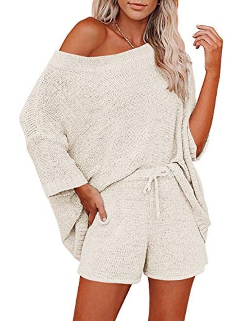 Mafulus Women's 2 Piece Outfits Sweater Set Off Shoulder Knit Top + Drawstring Waist Short Suits Casual Cute Sets