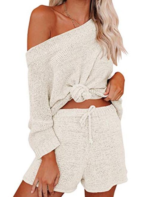 Mafulus Women's 2 Piece Outfits Sweater Set Off Shoulder Knit Top + Drawstring Waist Short Suits Casual Cute Sets