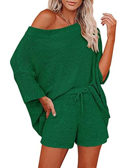 Mafulus Women's 2 Piece Outfits Sweater Set Off Shoulder Knit Top + Drawstring Waist Short Suits Casual Cute Sets