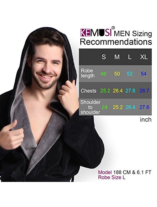 KEMUSI Hooded Herringbone Men's Soft Spa Full Lenght Bathrobe,Comfy Full Length Warm Nightdress