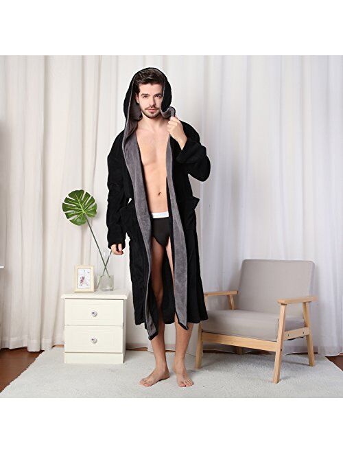 KEMUSI Hooded Herringbone Men's Soft Spa Full Lenght Bathrobe,Comfy Full Length Warm Nightdress