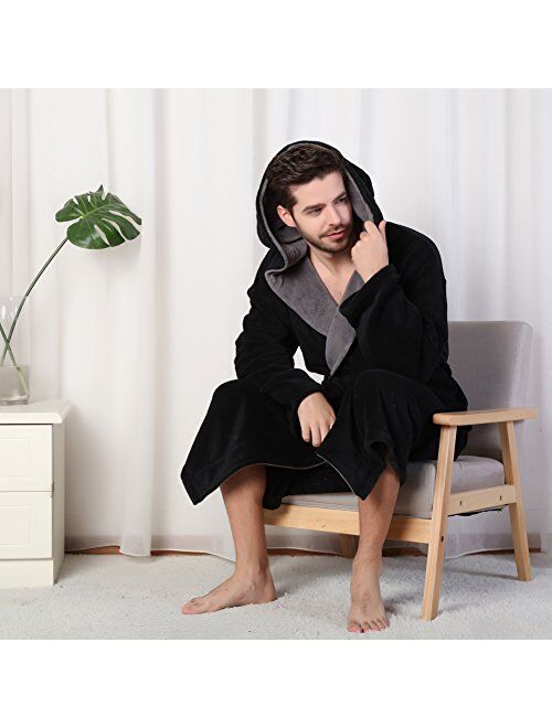 KEMUSI Hooded Herringbone Men's Soft Spa Full Lenght Bathrobe,Comfy Full Length Warm Nightdress