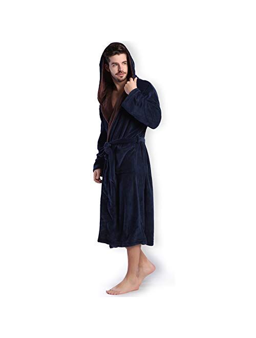 KEMUSI Hooded Herringbone Men's Soft Spa Full Lenght Bathrobe,Comfy Full Length Warm Nightdress