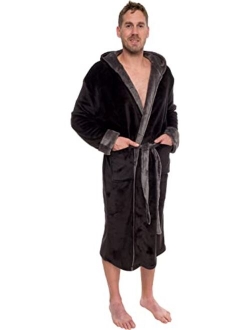 Mens Robe with Hood - Mid Length - Plush Shawl Collar Fleece Bathrobe