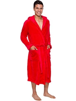 Mens Robe with Hood - Mid Length - Plush Shawl Collar Fleece Bathrobe