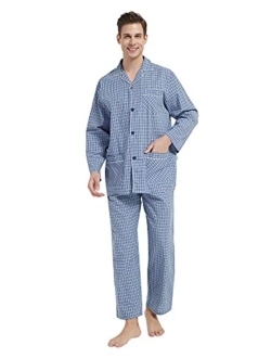 GLOBAL Mens Pajamas Set, 100% Cotton Woven Drawstring Sleepwear Set with Top and Pants/Bottoms