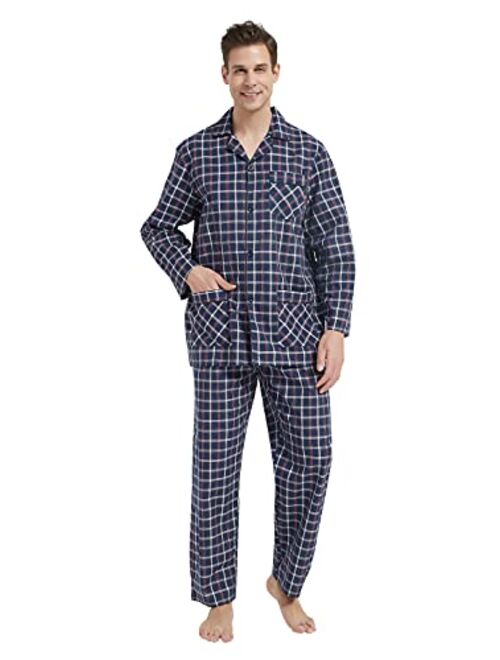 GLOBAL Mens Pajamas Set, 100% Cotton Woven Drawstring Sleepwear Set with Top and Pants/Bottoms