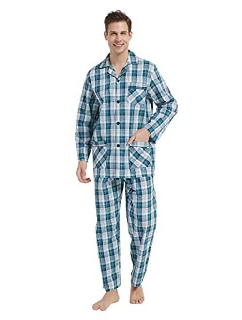 GLOBAL Mens Pajamas Set, 100% Cotton Woven Drawstring Sleepwear Set with Top and Pants/Bottoms