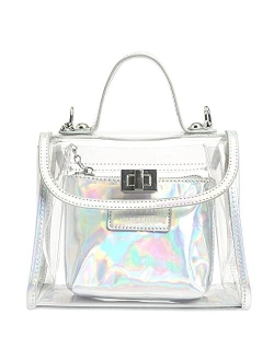 Women's Small Holographic Inner Pouch Top Handle Fashion Turnlock Crossbody Handbag
