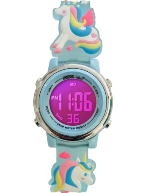 Preschool Collection Kids 3D Digital First Watch - Waterproof, 7 Colors Light with Alarm & Stopwatch - for Girls, Toddler & Children from 3 to 10 Years Old - School Watch