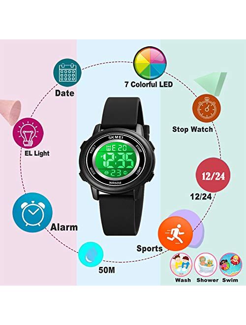 YxiYxi Kids Digital Sport Waterproof Watch for Girls Boys Kid Sports Outdoor 7 Colorful LED Electrical Watches with Luminous Alarm Stopwatch Child Wristwatch Ages 5-12