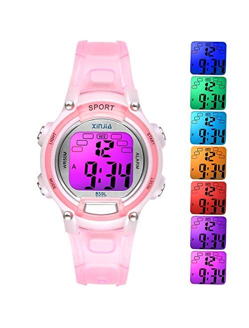 Edillas Kids Digital Watches for Girls Boys,7 Colors LED Flashing Waterproof Wrist Watches for Boys Girls Child Sport Outdoor Multifunctional Wrist Watches with Stopwatch