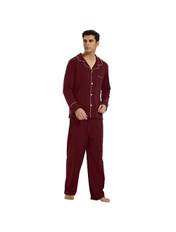 U2SKIIN Mens Cotton Pajama Set, Soft Long Sleeve Pajamas for men Lightweight Button Up Sleepwear Lounge Pjs Set with Pockets