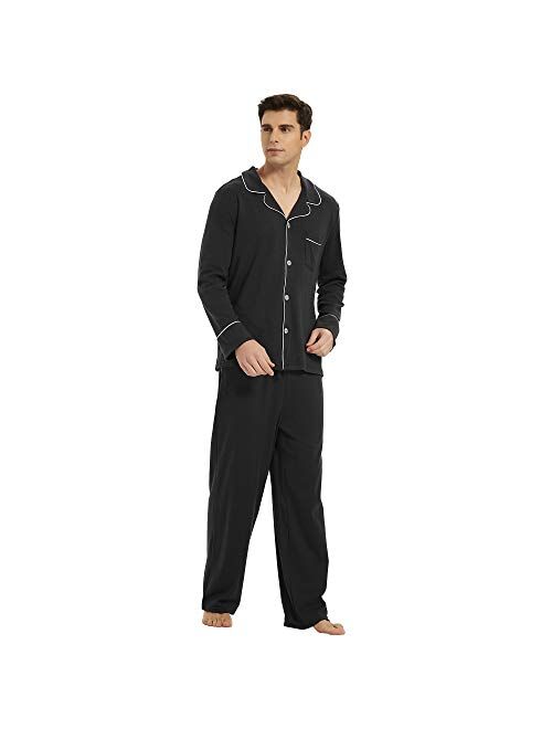 U2SKIIN Mens Cotton Pajama Set, Soft Long Sleeve Pajamas for men Lightweight Button Up Sleepwear Lounge Pjs Set with Pockets