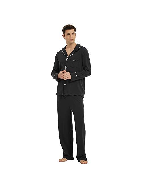 U2SKIIN Mens Cotton Pajama Set, Soft Long Sleeve Pajamas for men Lightweight Button Up Sleepwear Lounge Pjs Set with Pockets