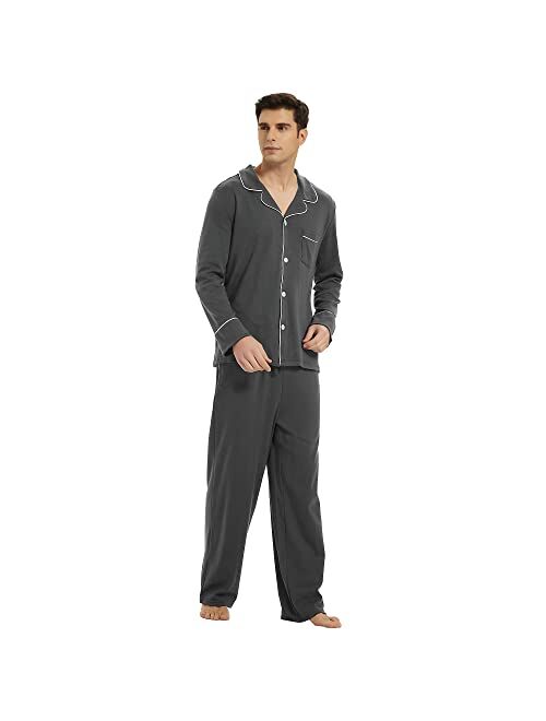 U2SKIIN Mens Cotton Pajama Set, Soft Long Sleeve Pajamas for men Lightweight Button Up Sleepwear Lounge Pjs Set with Pockets