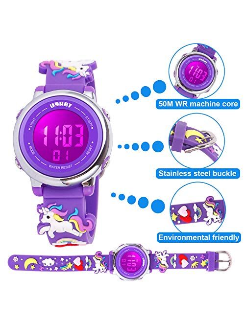 Aztom Kids Watch for Boys Girls 3D Cute Cartoon Toddler Watch Digital Silicone Band Alarm Stopwatch Digital Child Wristwatch 50M Waterproof