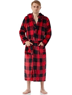 YIMANIE Mens Flannel Robe Hooded Plush Shawl Long Bathrobe Sleepwear