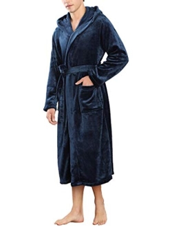 YIMANIE Mens Flannel Robe Hooded Plush Shawl Long Bathrobe Sleepwear